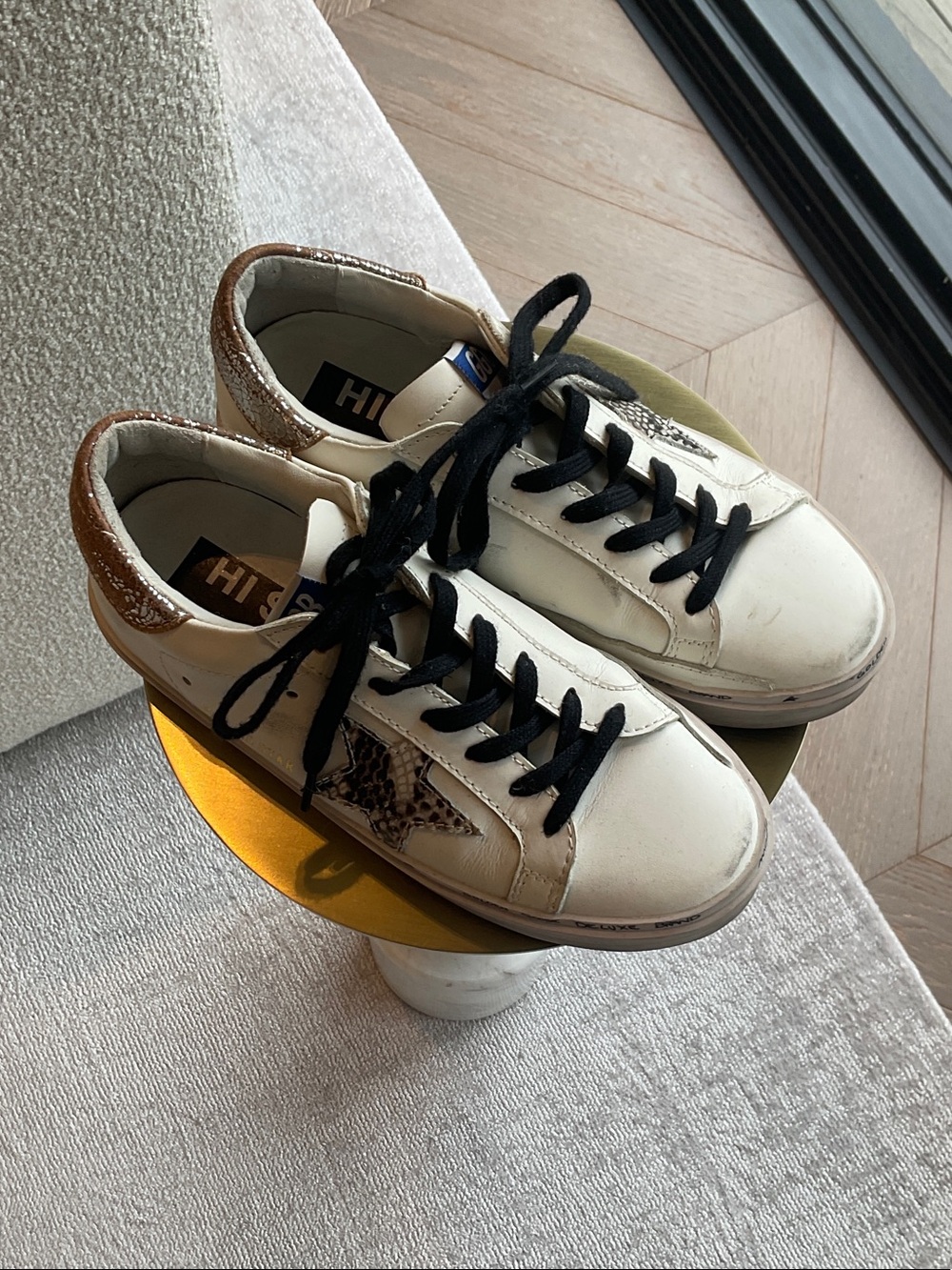 Golden Goose Cream Leather Sneakers with Black Laces and Snake-Print Star